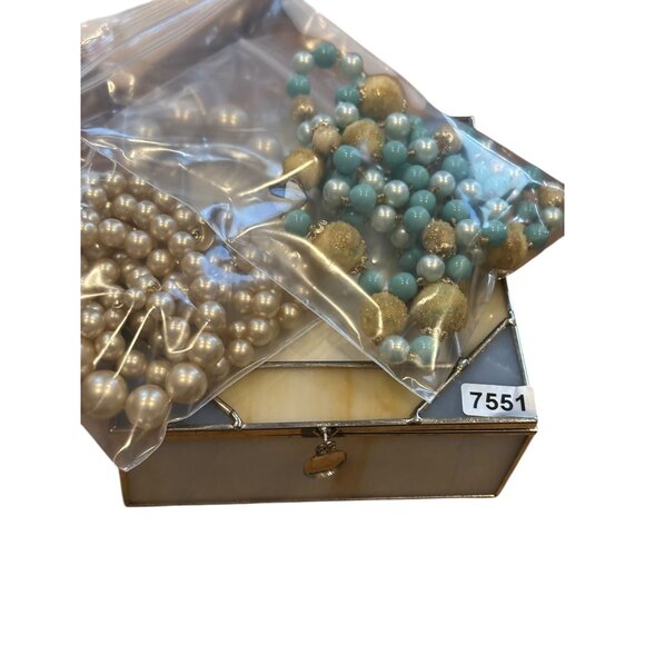 Elegant Glass & Metal Jewelry Box With signed Japan Beaded Necklace set of two p - Picture 2 of 16